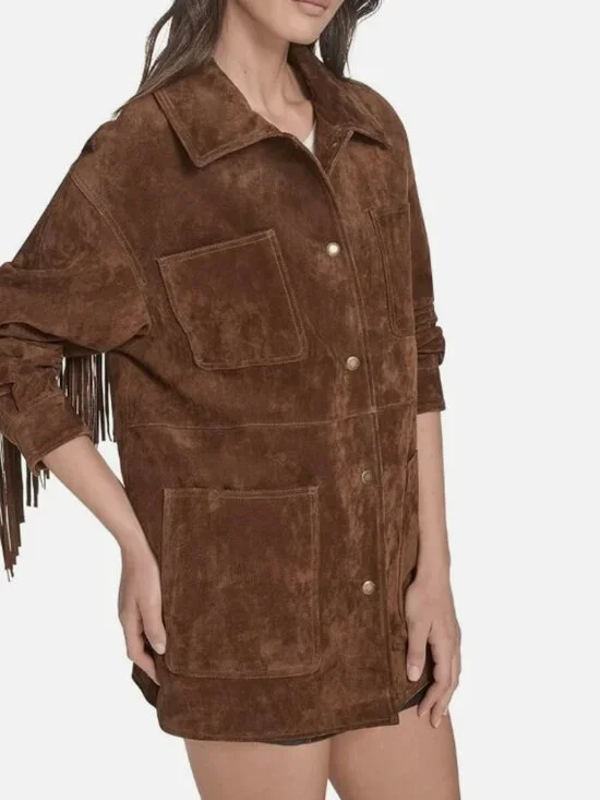 Levi’s Women’s Faux Suede Fringe Chore Coat Brown Snap Front Jacket - Picture 3 of 4